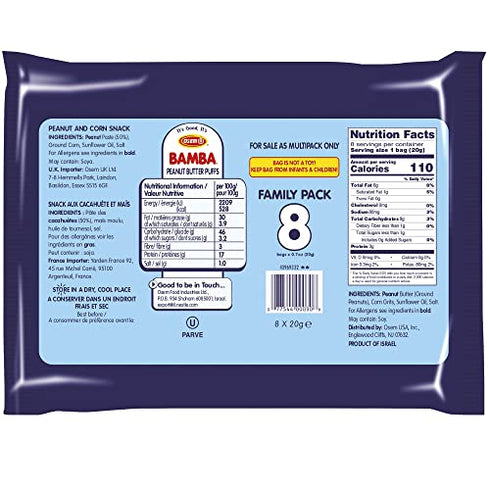 Osem Bamba Peanut Snacks for Babies - All Natural Baby Peanut Puffs Family Pack (Pack of 8 x 0.7oz Bags) - Peanut Butter Puffs made with 50% peanuts.