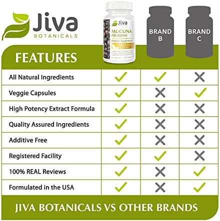 Jiva Botanicals - Mucuna Pruriens Capsules 1100 mg - Precursor to Dopamine Supplements - Velvet Beans containing L Dopa (L-Dopa) - Mucuna Pruriens Extract in Mucuna Pruriens Powder Form - 90 Capsules