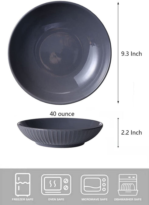 Bestone Pasta Bowls 40oz, Porcelain Embossed Strip Serving Bowls, Large Salad Soup Bowls, Microwave & Dishwasher Safe, Set of 4, Grey
