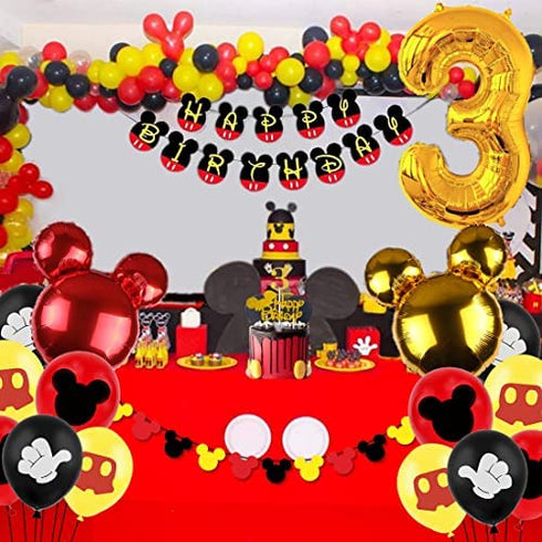 Cartoon Mouse 3rd Birthday Decorations Boys 3 Years Old Birthday Party Supplies with Number 3 Foil Balloons Birthday Banner Garland