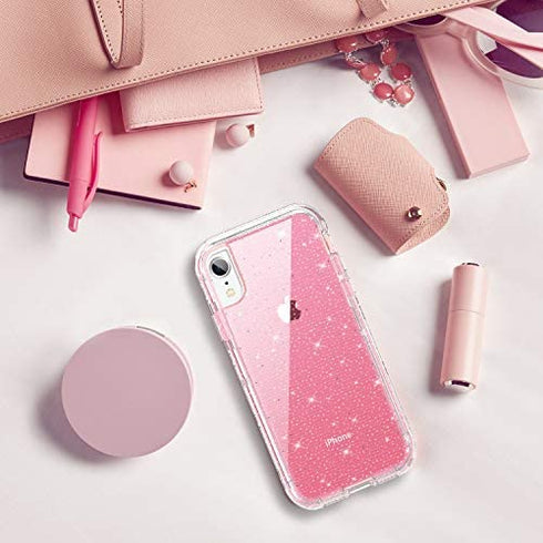 GUAGUA iPhone XR Case, Pink Glitter Bling Crystal Clear Shiny Cover for Girls Women Three Layer Hybrid Hard PC Soft TPU Bumper Shockproof Protective Phone Case for iPhone XR 6.1-inch 2018 Pink
