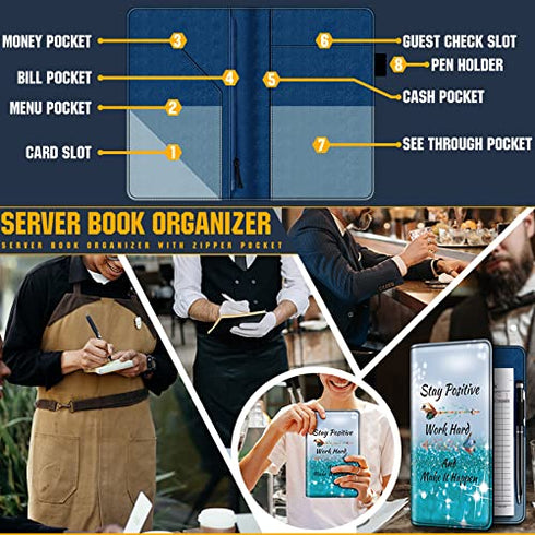 Server Book Organizer with Zipper Pocket, Aatacas PU Leather Restaurant Guest Check Presenters Card Holder for Waitress, Waiter, Bartender, With A Pen