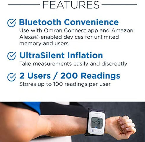 OMRON Gold Blood Pressure Monitor, Portable Wireless Wrist Monitor, Digital Bluetooth Blood Pressure Machine, Stores Up To 200 Readings for Two Users (100 readings each)