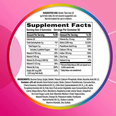 Centrum MultiGummies + Beauty Gummy Multivitamin for Women, Hair Skin and Nails Vitamins with Antioxidants and Vitamins D3 and B , Cherry/Berry/Orange Flavors - 100 Count