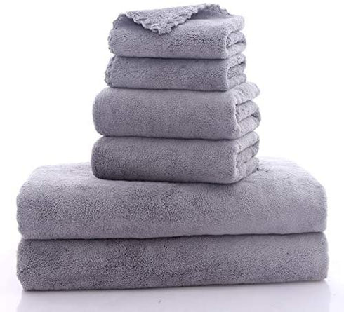 MOONQUEEN Ultra Soft Towel Set - Quick Drying - 2 Bath Towels 2 Hand Towels 2 Washcloths - Microfiber Coral Velvet Highly Absorbent Towel for Bath Fitness, Bathroom, Sports, Yoga, Travel-Grey 6 Pcs