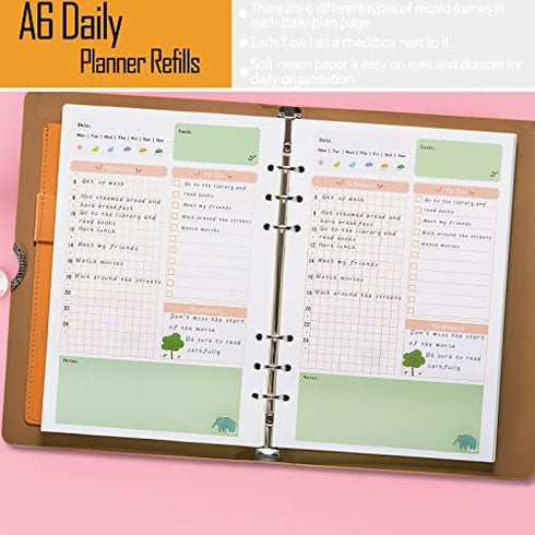Rancco A6 Planner Inserts Daily Planner Refills, 90 Pages Colorful 6-Ring Loose-leaf Binder Planner Inserts w/ Divider, PVC Pouch, Ruler, Index Tab for Journal, Filofax, Double-sided, Undated,6.9x3.7"