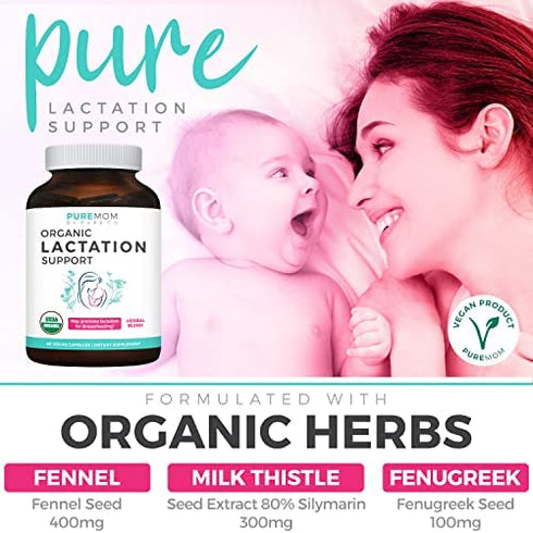 USDA Organic Lactation Supplement - Increase Milk Supply with Herbal Breastfeeding Support - Aid for Mothers - Organic: Fenugreek Seed, Fennel & Milk Thistle - 60 Vegan Capsules (No Pills or Cookies)