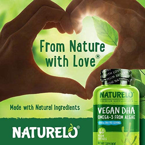 NATURELO Vegan DHA - Omega 3 Oil from Algae - Supplement for Brain, Heart, Joint, Eye Health - Provides Essential Fatty Acids for Women, Men and Kids - Complements Prenatal Vitamins - 60 Softgels