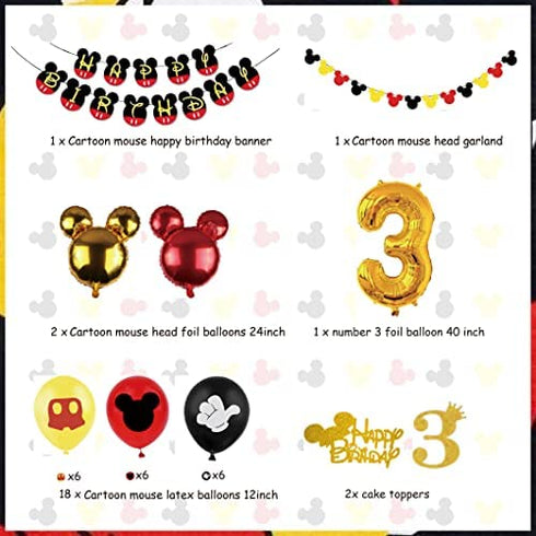 Cartoon Mouse 3rd Birthday Decorations Boys 3 Years Old Birthday Party Supplies with Number 3 Foil Balloons Birthday Banner Garland