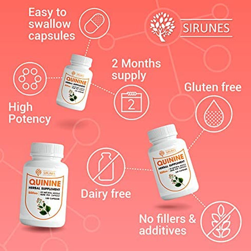 SIRUNES Quinine Capsules - Cinchona Officinalis Bark Herbal Supplement for Leg Cramping Relief, Cramp Defense and Overall Digestive Health - All-Natural Quinine Pills, 1000mg, 120 Tablets