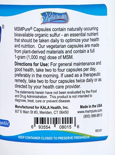 Kala Health MSMPure Vegetarian Capsules, 120 Count, Made with Organic Sulfur Crystals, 99.99% Pure Distilled MSM Supplement, 1,000 mg per Capsule, Made in USA