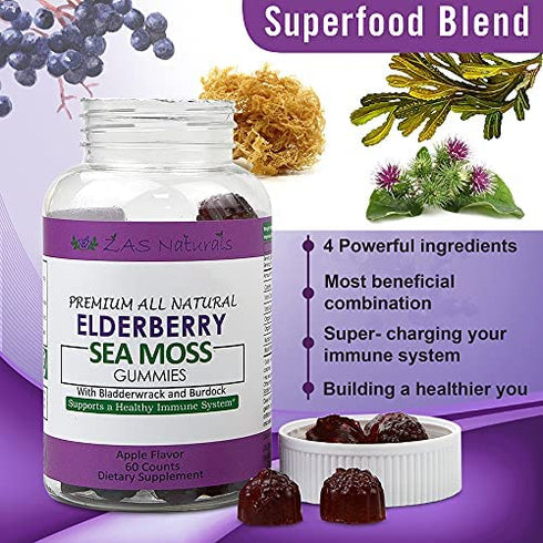 Sambucus Black Elderberry w/Organic Irish Sea Moss Gel Gummies w/Bladderwrack, Burdock, Vitamin C, D, & Zinc/Immune Support for Adults & Kids- Vegan, Gluten-Free, Kosher, Non-GMO Apple Flavor 60 ct