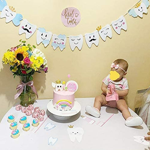 Baby Birthday Decorations Tooth Party Banner for Kids Boys or Girls 1st Birthday Party and Dental Graduation Party Decorations, 10 Different Smilling Tooth Angel Deisgn with Cute Mustache Cloud and Crown, Great for Baby Shower Decorations