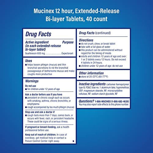 Chest Congestion, Mucinex 12 Hour Extended Release Tablets, 40ct, 600 mg Guaifenesin Relieves Chest Congestion Caused by Excess Mucus, #1 Doctor Recommended OTC expectorant