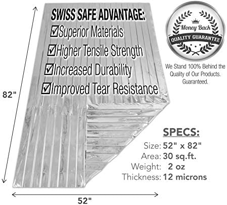 Swiss Safe Emergency Mylar Thermal Blankets, Designed for NASA, Outdoors, Survival, First Aid, Silver, 10 Pack