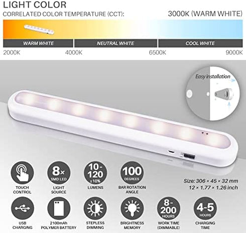 STAR-SPANGLED Dimmable Touch Light Bar Rechargeable, Built-in 2100mAh Battery Powered, USB Stick on LED Night Tap Light Indoor for Kitchen, Bedroom, Under Cabinet, Closet, Reading, Vanity, Warm White