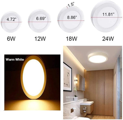 DLLT LED Flush Mount Ceiling Light, 24W Led Surface Round Ceiling Light 1920LM (220W Incandescent Equivalent) 3000K Warm White for Kitchen, Closet, Bedroom, Hallway