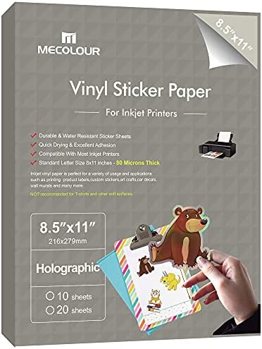 MECOLOUR Printable Holographic Sticker Paper 8.5'' * 11'' 20 Sheets Premium Rainbow Vinyl for Cricut Waterproof Dries Quickly Vivid Colors, Holds Ink Well- Tear Resistant for Inkjet & Laser Printer