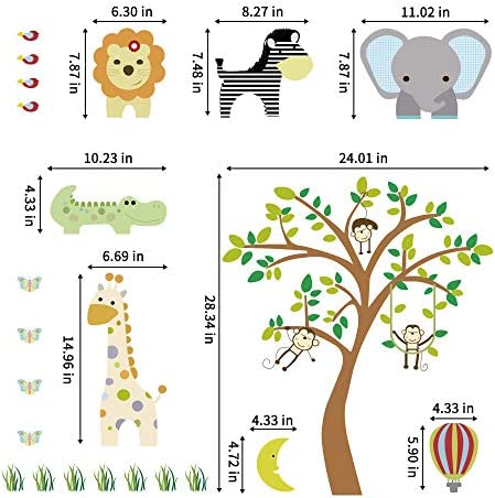 Supzone Jungle Animal Wall Stickers Monkey Tree Wall Decals Elephant Giraffe Zebra Vinyl Forest Animal Wall Stickers DIY Removable Home Decoration Baby Nursery Girl Boy Kids Room Wall Decor