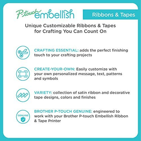 Brother P-touch Embellish Gold Print on White Satin Ribbon TZER234 – ~½” Wide x ~13.1’ Long for use with P-touch Embellish Ribbon & Tape Printer