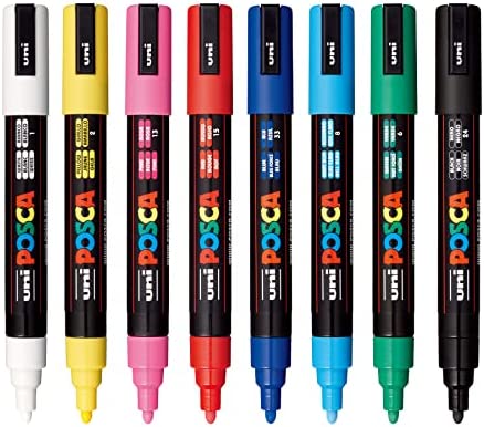 Posca Full Set of 8 Acrylic Paint Pens with Reversible Medium Point Pen Tips, Posca Pens are Acrylic Paint Markers for Rock Painting, Fabric, Glass Paint, Metal Paint, and Graffiti