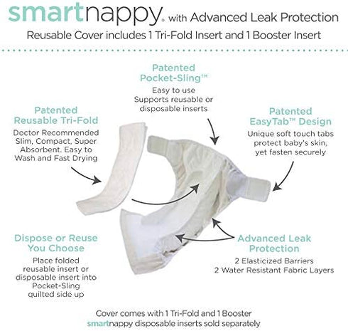 SmartNappy Cotton Muslin by Amazing Baby, NextGen Hybrid Cloth Diaper Cover + 1 Bi-fold Reusable Insert + 1 Reusable Booster, Springfield, Pink, Size 1, 5-10 lbs