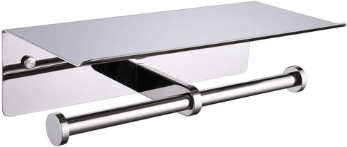 Double Toilet Paper Holder with Shelf Polished Chrome, APLusee SUS304 Stainless Steel Contemporary Bathroom Tissue Roll Holder Cell Phone Storage Rack