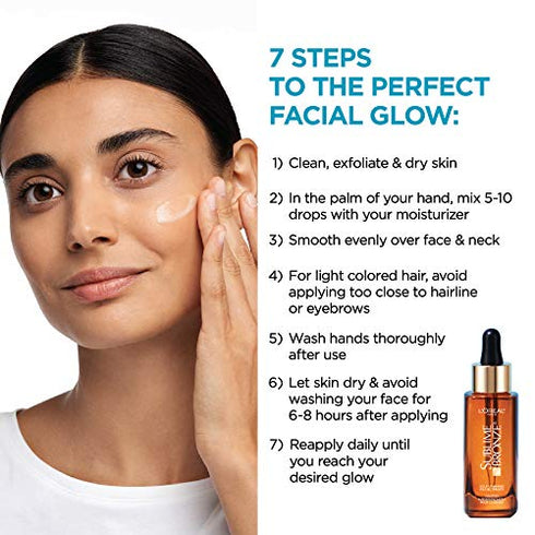 L'Oreal Paris Sublime Bronze Self Tan Drops for Face, Hyaluronic Acid, Self-Tanning Facial Drops, Buildable Tan, Customizable Sun-Kissed Glow, Gradual Tan, Fragrance-Free, 1 fl oz Packaging May Vary