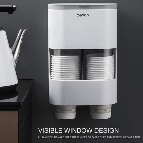 DAHAKII Cup Dispenser for Water Paper Cup Holder Wall Mounted Anti-Dust Cover Self Adhesive Pull Type Disposable Cups Holder (Gray)