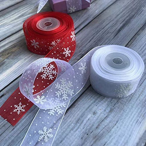 2 Rolls Christmas Ribbons, 1 Inch by 10 Yard Snowflake Organza Spool for Christmas Tree Gifts Box Decoration