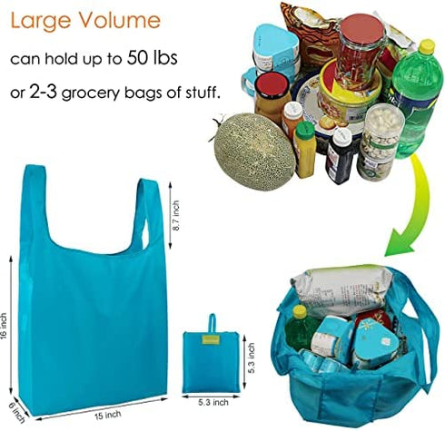 BeeGreen Reusable Grocery Bags 5 Pack, Grocery Tote Folded into Attached Pouch, Ripstop Polyester Shopping Bags, Washable, Durable and Lightweight (Black,Royal,Navy,Teal,Moss)