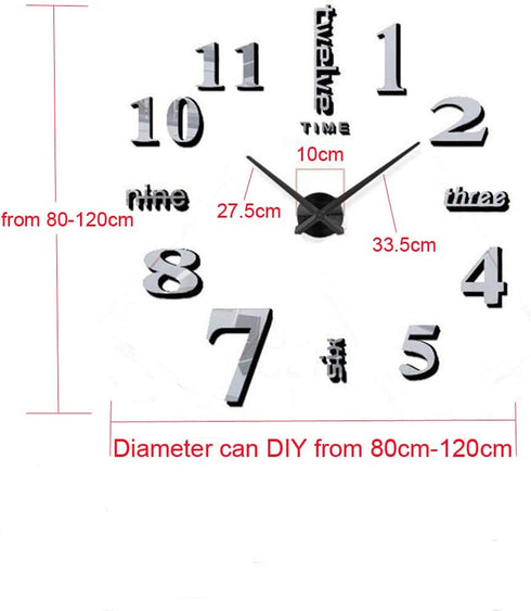 Mirror Surface Decorative Clock 3D DIY Wall Clock for Living Room Bedroom Office Hotel Wall Decoration (Silver)