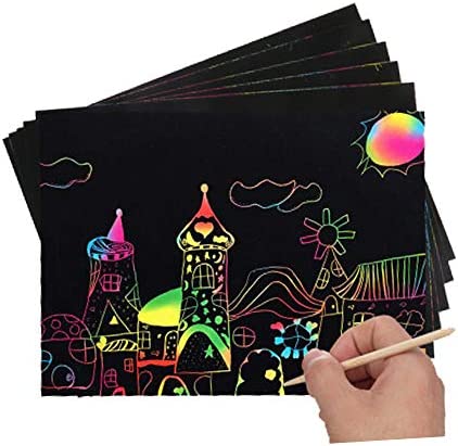 50Pieces Rainbow Scratch Paper,Scratch Art Set,Black Scratch Off Art Crafts Notes Boards Sheet with 5 Wooden Stylus,4 Drawing Stencils for Easter,Party,Chritmas,Birthday, Gift