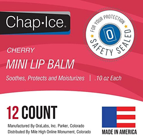 Chap-Ice® | 12-Count Mini Cherry Lip Balm | Lip Balm Pack Fortified with Vitamin E for Dry, Cracked Lips | Made in USA | 12-Count Mini Lip Balm with Cherry Flavor (0.10oz/3g Each)