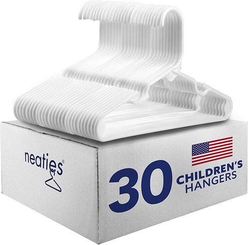 Neaties Children's Size White Plastic Hangers, USA Made Long Lasting Tubular Hangers, Set of 30