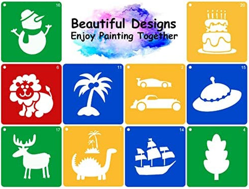 Jecarden 20 PCS Stencils for Kids, Sidewalk Chalk Stencils 8 x 8 Inch Colorful Large Stencils with 5 PCS Scratch Paper Washable Craft Fun Chalk Stencils Gift Idea for Boys and Girls to Learn Painting