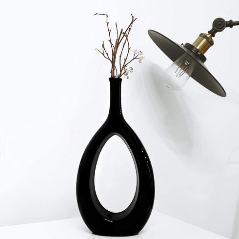 Samawi Black Ceramic Vase for Decor Ceramic Vase Circle Donut Oval Vase Tall Black Vase Hollow Vase Decorative vase for Table Kitchen Home Flowers Tall Black Vase Centerpieces Wedding Vase Modern