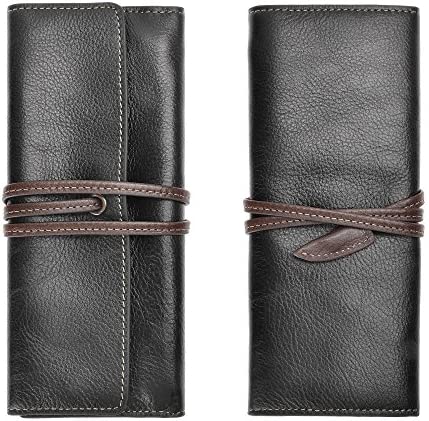 ZLYC Handmade Leather Pencil Pouch Pen Case Soft Roll Up Wrap Pencil Bag Stationery Gift (Black)