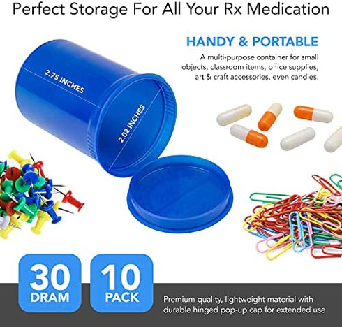 Empty Pill Bottles with Caps - Airtight 30 Dram Pop Top Bottles - Prescription Medicine Container - Multi Use for Herbs, Candy, Crafts, and More - 10 Pack Transparent Multi Color