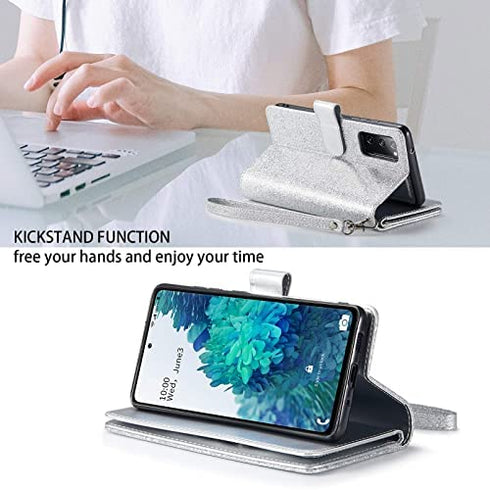 Varikke Samsung S20 FE Case Wallet, Case for Samsung S20 FE 5G with 9 Card Holders & Magnetic Detachable Cover & Kickstand & Lanyard Strap Glitter PU Leather Folio Flip Case for Galaxy S20 FE, Silver