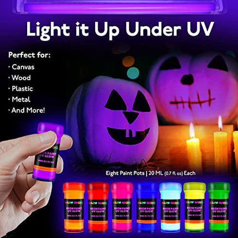 Individuall Glow in the Dark Paint - Set of 8, 20 mL Reflective Acrylic Paints for Outdoor and Indoor Use on Canvas, Walls and Ornament Painting - Blacklight Activated