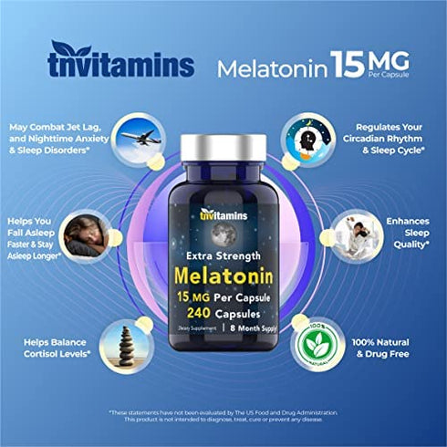 Melatonin 15 MG Per Capsule (240 Capsules) | All-Natural Sleeping Pills for Adults | Extra Strength Melatonin | Nighttime Sleep Aid | Natural Sleep Support Supplement | by TNVitamins