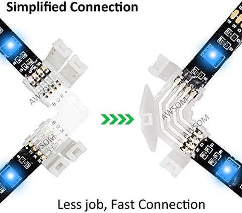 4 Pin LED Strip Connectors 10mm for 5050 RGB LED Strip Lights,AWSOM LED Strip Lights Connectors 4 Pin,10mm Wide,10X L Shape Connectors, 10X Strip to Strip Connectors