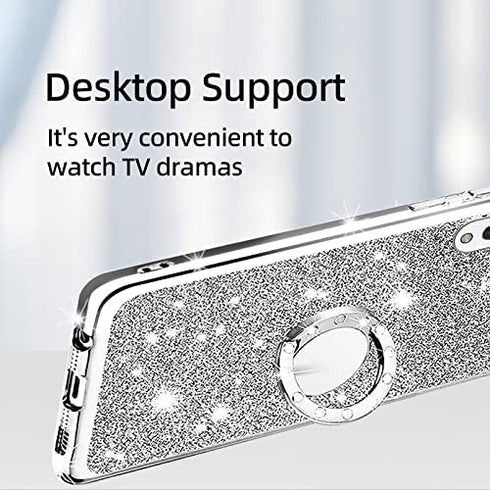 for LG Velvet 5G Case (LM-G900), LG Velvet 5G UW Case Glitter Luxury Sparkles TPU Silicone Slim Cute for Women Girls with Kickstand, Bling Diamond Ring Stand & Strap Case for LG Velvet 5G (Silver)