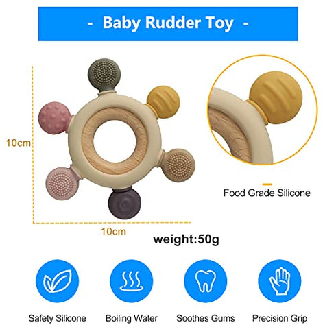 Arudyo Baby Teething Toys Silicone Teethers BPA Free Silicone Rudder with Wooden Ring Soothe Babies Gums (Khaki)