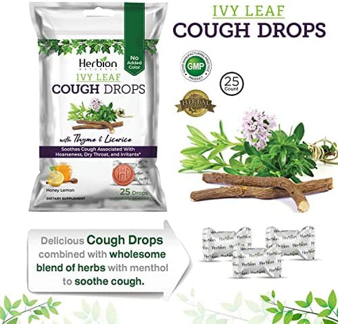 Herbion Naturals Ivy Leaf Cough Drops, Natural Honey Lemon Flavor, Dietary Supplement, for Adults and Children Over 6 Years, 25 Drops