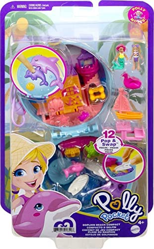 Polly Pocket Dolphin Beach Compact, Beach-Adventure Theme With Micro Polly & Mermaid Doll, 5 Reveals & 12 Accessories, Pop & Swap Feature, Great Gift For Ages 4 Years Old & Up
