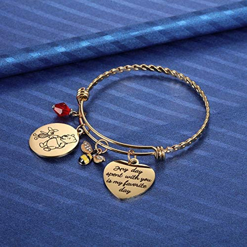 Classic Pooh Bear and Piglet Quote Any Day Spent with You is My Favorite Day Friendship Honey Bee Charm Gold Bangle Bracelet for Women