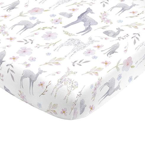NoJo Super Soft Floral Deer Nursery Mini Crib Fitted Sheet, Grey, Light Blue, Pink, White