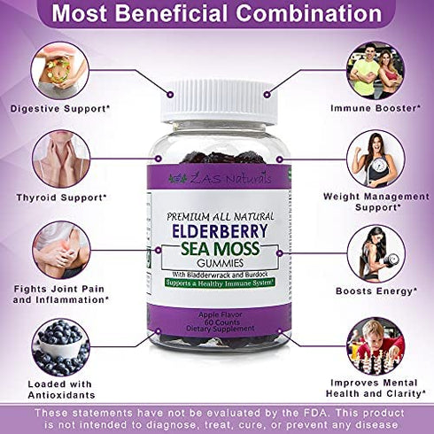 Sambucus Black Elderberry w/Organic Irish Sea Moss Gel Gummies w/Bladderwrack, Burdock, Vitamin C, D, & Zinc/Immune Support for Adults & Kids- Vegan, Gluten-Free, Kosher, Non-GMO Apple Flavor 60 ct